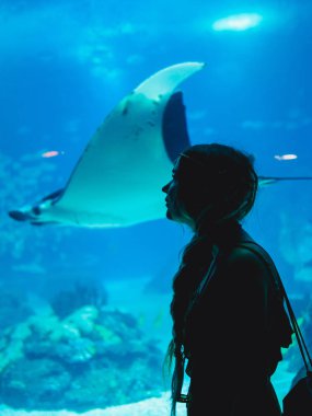 Balık Oceanarium bardakta aracılığıyla izlerken kız