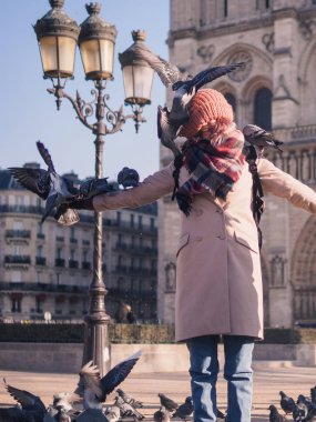 Notre Dame Katedrali önünde meydanında güvercin besleme kız