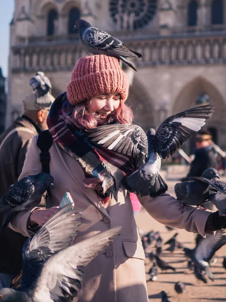 Girl feeding pigeons in the square in front of the cathedral of Notre Dame — Stock Photo, Image