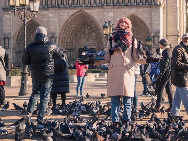 파리, 프랑스-1 월 20 일, 2017: 관광객의 노트르담 대성당 앞 광장에서 비둘기를 먹이. 파리, 프랑스 — 스톡 사진