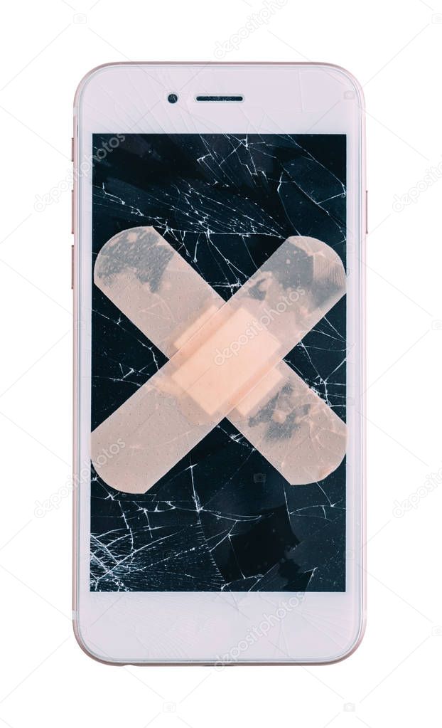 Broken screen with plaster of white smartphone