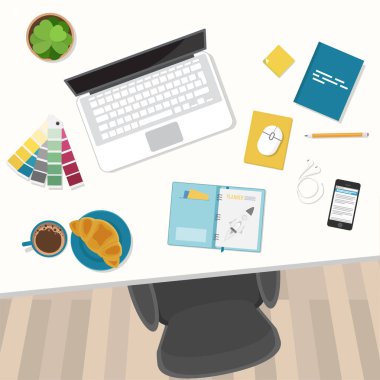 Çalışma yeri Masaüstü Kol Koltuğu, ofis malzemeleri, monitör, kitap, defter, kulaklık, telefon, kalem, kağıt çay çörekleri Vector Top view