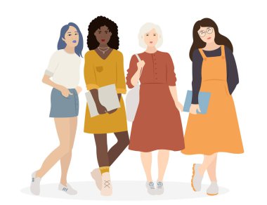 Dört düz çizgi film kadınının vektör ruju yan yana duruyor. Beyaz arkaplanda illüstrasyon