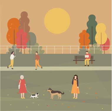 Sonbahar parkında yürüyen vektör resimleri