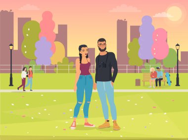 Spring Park 'taki çizgi film karakterlerinin vektör illüstrasyonu.