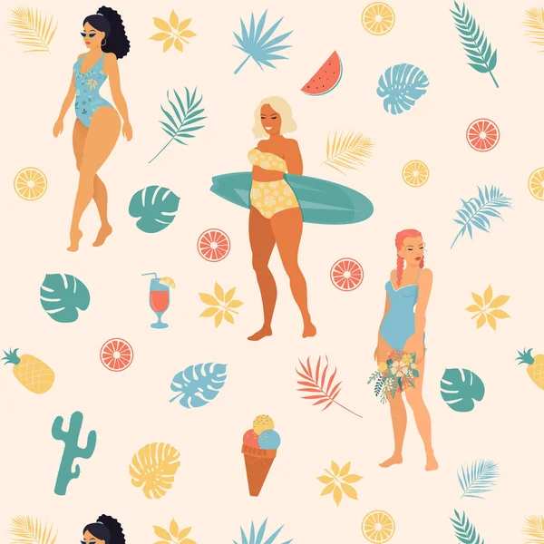 Ragazze senza soluzione di continuità modello vettoriale sulla spiaggia, palme, fiori, frutta, gelato — Vettoriale Stock