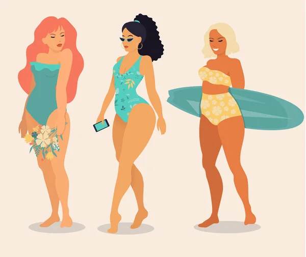 Vector Cartoon Mädchen in Badeanzügen, Strandsaison — Stockvektor