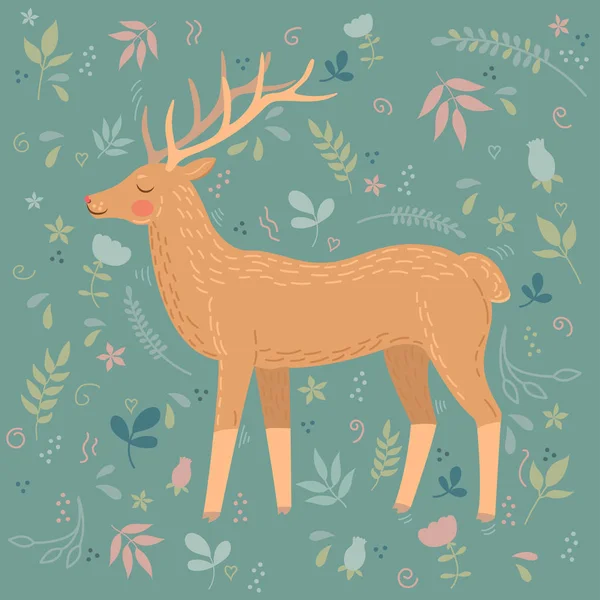 Vector cartoon deer on the background of nature, leaves, flowers — Stock Vector