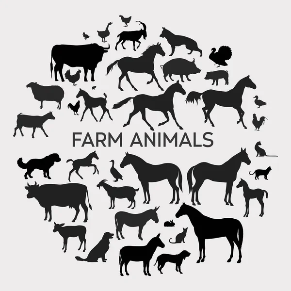 Vector farm animals silhouettes isolated on white. Livestock and poultry icons. Rural landscape with trees, plants and farm — Stock Vector