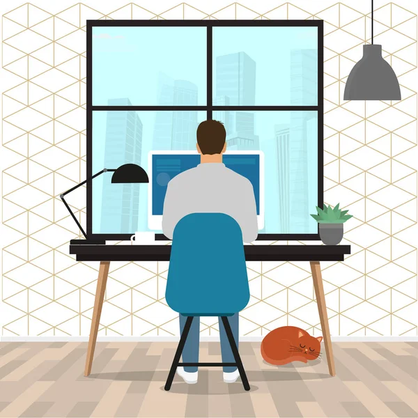 Homme d'affaires entrepreneur en costume travaillant sur un ordinateur portable à son bureau propre et élégant. Illustration vectorielle moderne de style plat. — Image vectorielle