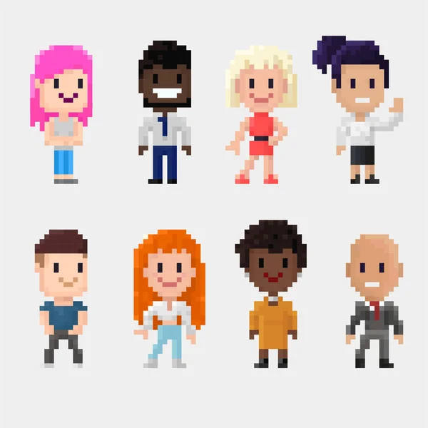 Pixel art group de personagens homens e mulheres isolados no fundo branco . — Vetor de Stock