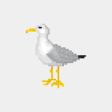 Eski usul 8 bit piksellik martı yerde duruyordu. Beyaz arkaplanda deniz kuşu simgesi izole edildi. Martı sembolü. Retro video oyunu karakteri. Slot makinesi grafikleri. Yaz tatili logosu.