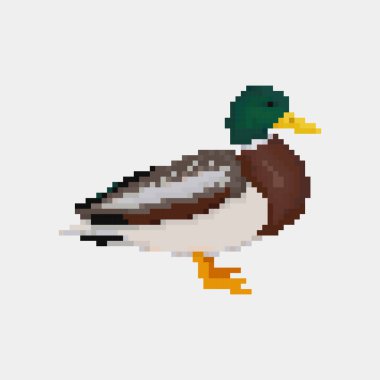 Eski usul 8 bit piksellik martı yerde duruyordu. Beyaz arkaplanda deniz kuşu simgesi izole edildi. Martı sembolü. Retro video oyunu karakteri. Slot makinesi grafikleri. Yaz tatili logosu.