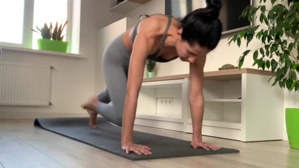 Ung Fitness Kvinna Sportkläder Gör Plank Motion Hemma Eller Studio — Stockvideo