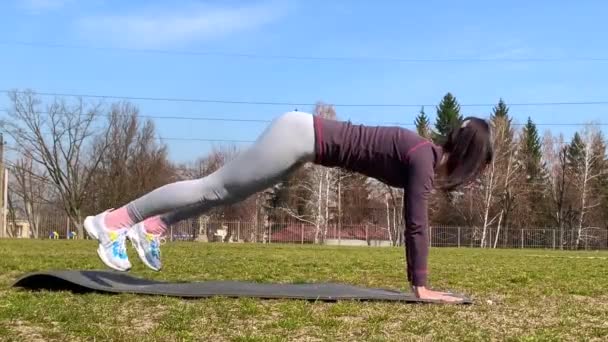 Jeune Femme Remise Forme Vêtements Sport Faisant Exercice Planche Champ — Video