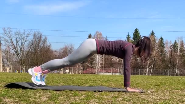 Joven Mujer Fitness Ropa Deportiva Haciendo Plank Ejercicio Campo Hierba — Vídeo de stock