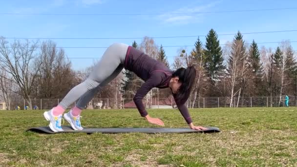 Spor Giyim Deki Genç Kadın Çimenlikte Plank Egzersizi Yapıyor Stadyum — Stok video