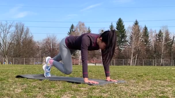 Young Fitness Woman Sportswear Doing Plank Exercise Grass Field Stadium — Stock Video