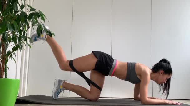 Athletisch Schöne Frau Macht Workout Brünette Frau Grau Heimtraining Während — Stockvideo