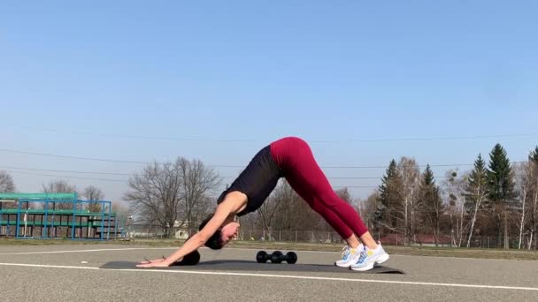Vrouw Sport Training Doe Stretchen Morgens Sportieve Vrouw Doet Stretching — Stockvideo