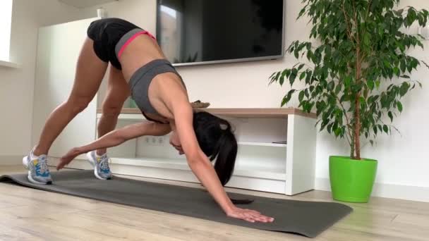 Spor Giyim Genç Bir Kadın Evde Stüdyoda Plank Egzersizi Yapıyor — Stok video