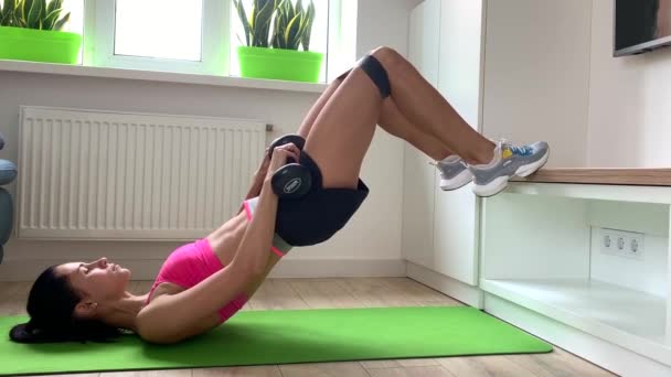 Athletic Beautiful Woman Does Strength Workout Dumbbells Brunette Woman — Stock Video