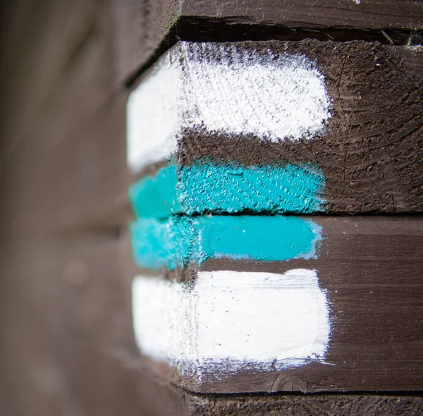 Niebieski znak na rogu drewniane, czeskich turystykę — Zdjęcie stockowe
