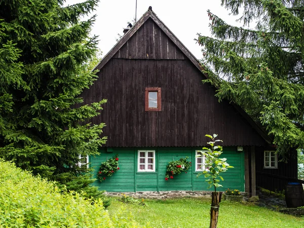 Traditional mountain chalet, natural brown and green front