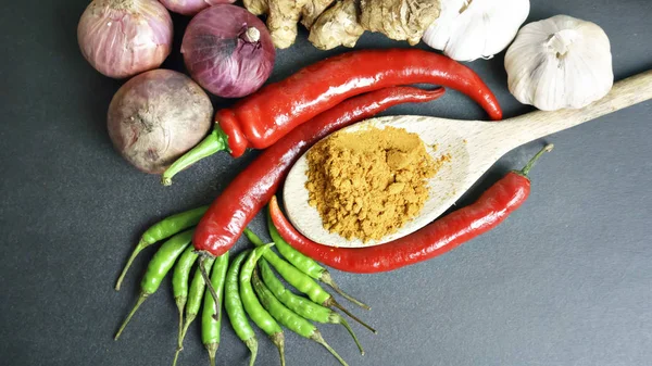 Asian cuisine ingredients - red pepper  garlic  shallots  green — Stock Photo, Image