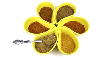 köri ve baharat izole bir kaşık ile bir kap içinde