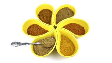 köri ve baharat izole bir kaşık ile bir kap içinde