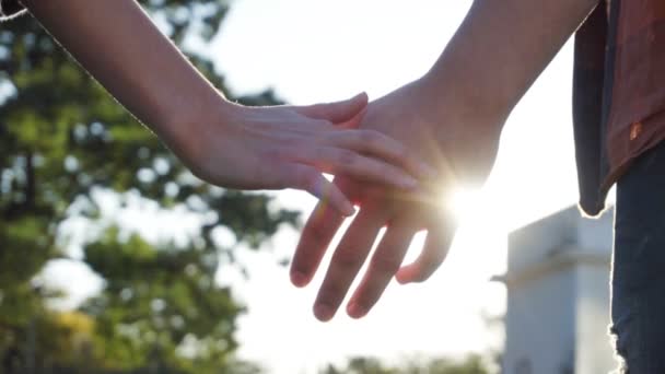 Pár se drží ruce na slunečný den v pomalém pohybu — Stock video