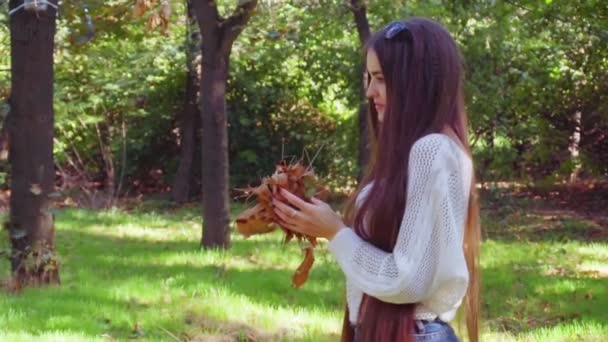 Mujer feliz lanzando hojas en el parque de otoño en cámara lenta, sonriendo — Vídeos de Stock