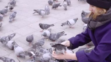 Bir kadın güvercinler Meydanı'nda beslenir.