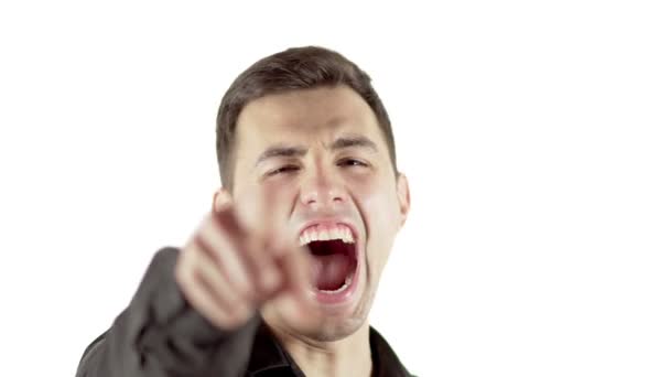 Young handsome man wearing black shirt loudly laughing isolated on white background — Stock Video