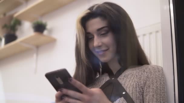 Giovane donna sms con il suo fidanzato e sorridente — Video Stock