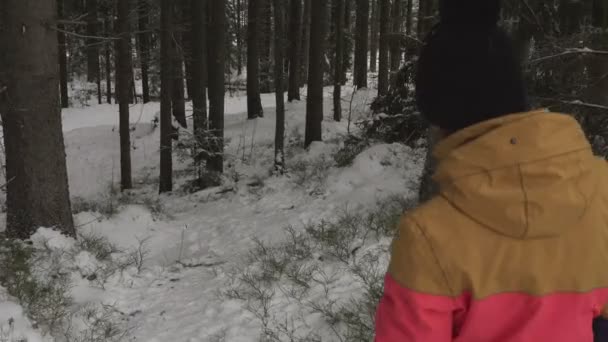 Heureuse femme souriante en vêtements d'hiver à l'extérieur dans la forêt vient sourire et vagues avec sa main — Video