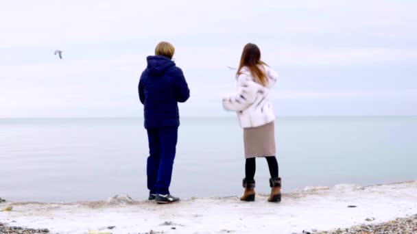 Casal jovem alimentando gaivotas na praia no inverno — Vídeo de Stock