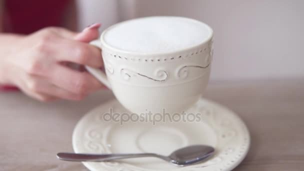Bewegender Fokus von der schönen weißen Tasse mit Cappuccino zu einer jungen Frau mit langen blonden Haaren, die am Tisch sitzt und es sich im Café gemütlich macht und ihren Kaffee trinkt. Zeitlupenschuss — Stockvideo