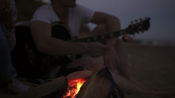 Close-up beeld van worsten die gegrild op het strand vuur. Groep van jonge en vrolijke mensen zitten bij het haardvuur op het strand in de avond, worstjes grillen en gitaar spelen. Tikje schot — Stockvideo