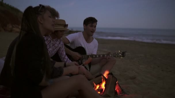 Група молодих і веселих людей, сидячи біля багаття на пляжі ввечері, гриль ковбаси і граючи на гітарі. Постріл уповільнення — стокове відео