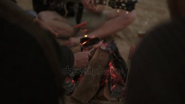 Sahilde ateş başına oturmuş, sosis ızgara ve gitar çalmak genç arkadaş grubu. Slowmotion atış