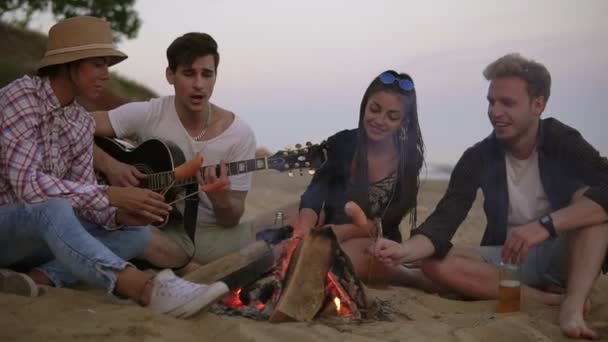 Groep van jonge en vrolijke mensen zitten bij het haardvuur op het strand in de avond, worstjes grillen en gitaar spelen. Tikje schot — Stockvideo