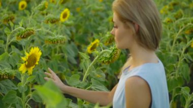 Doğanın keyfini bir mavi elbise ayakta unflower alan, genç bir kadın portresi. Slowmotion atış