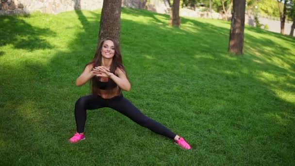 Flexibla ung flicka sträcker ut på gräset i parken efter långa utmanande kör session i grön stadspark på vacker solig morgon — Stockvideo