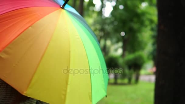 Retrato de uma jovem morena atraente girando seu guarda-chuva colorido em um dia chuvoso no parque da cidade e olhando para a câmera — Vídeo de Stock