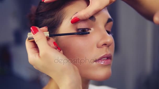 Professional makeup artist applying mascara on the models eye. Work in beauty fashion industry. Backstage professional make-up. Close-up view. Natural lighting — Stock Video