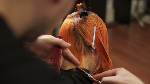 Vista posterior de la mujer pelirroja cortarse el pelo por un peluquero profesional en el salón de belleza. Estilista-peluquero en el trabajo. Disparo en cámara lenta — Vídeos de Stock