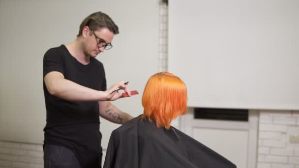 Elegante parrucchiere professionale maschile in occhiali pettinando i capelli della cliente femminile nel salone di parrucchiere girando intorno alla sua sedia e guardando i risultati. Colpo di rallentamento — Video Stock