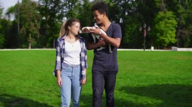 Şirin küçük tutarken gün zevk Park yeşil çimenlerin üzerinde yürüyüş iki çok ırklı arkadaş jack russell terrier ve gülümseyerek. Mutlu yaz saati